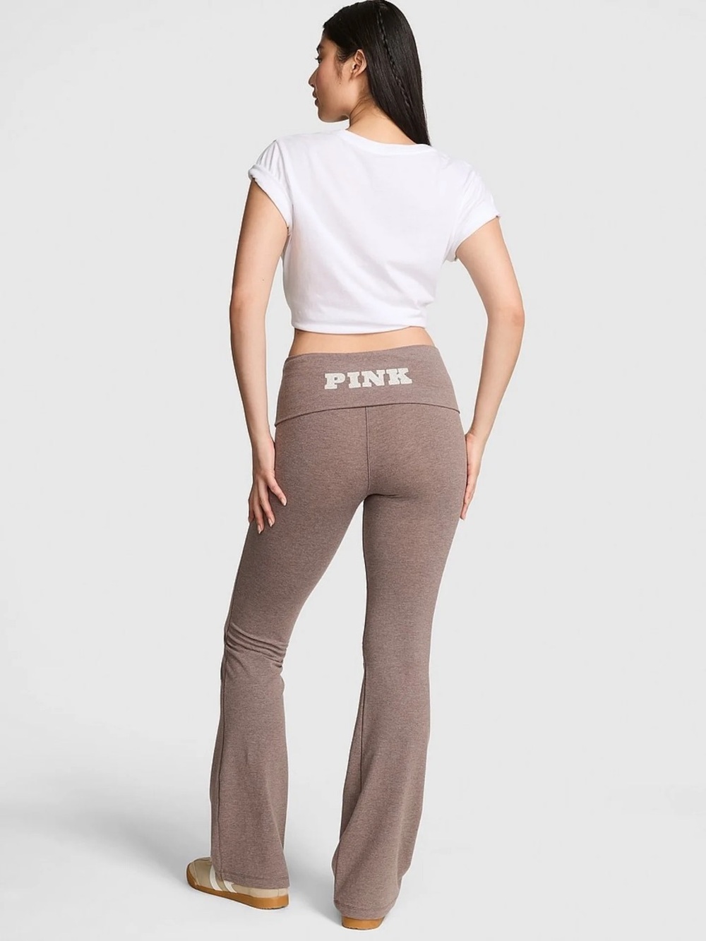 VS PINK All-Day Cotton Foldover Flares Leggings in Cocoa Blush Brown Large